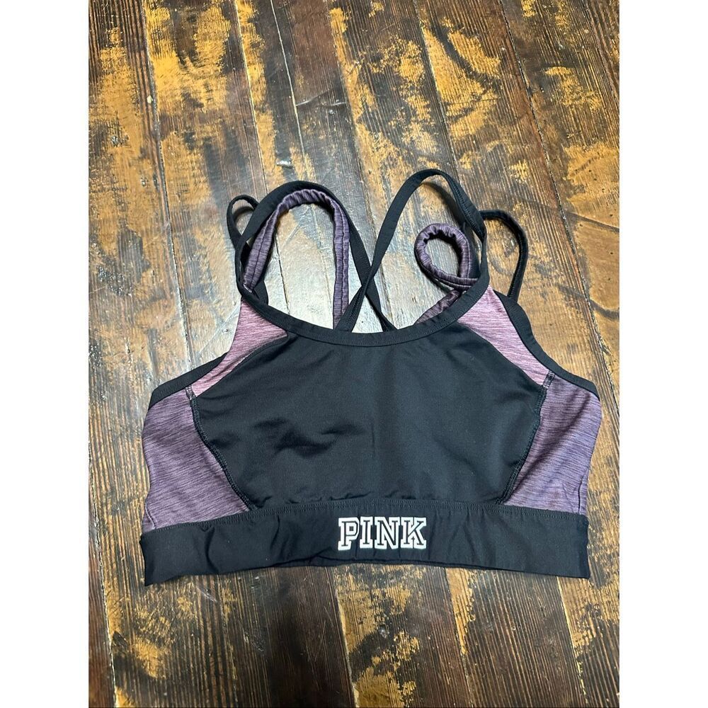 Victoria’s Sport M purple black strappy workout sports bra